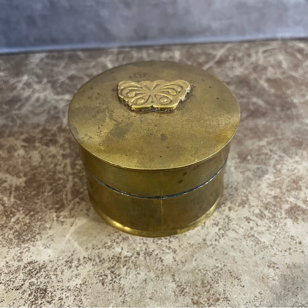 Vintage Butterfly Brass Trinket Box Lined w/ Velvet & Hinged Lid 2.5 X 2.5 Inch
